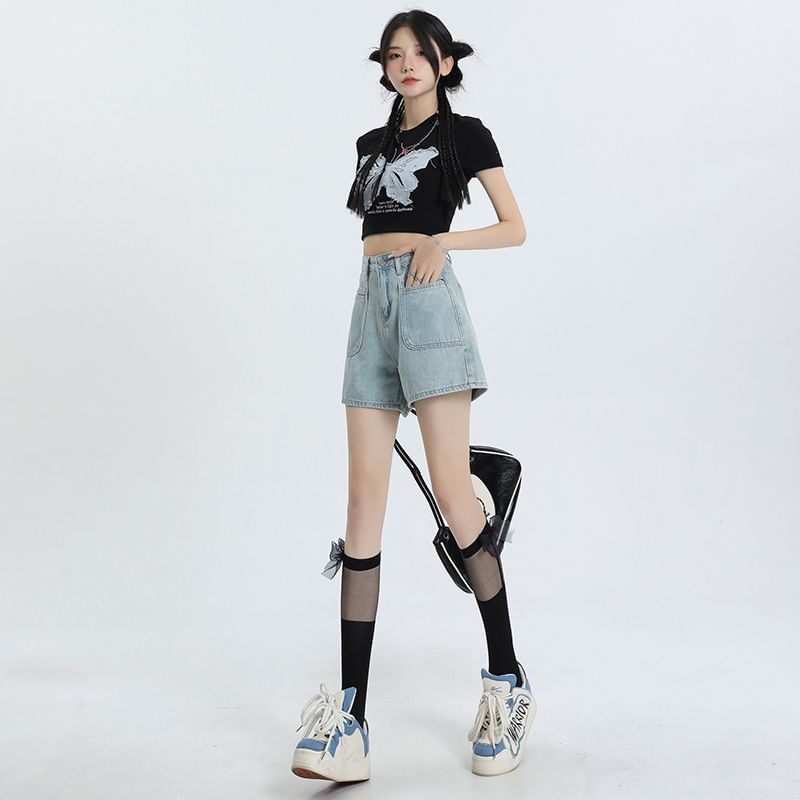 High Waist Washed Denim Shorts