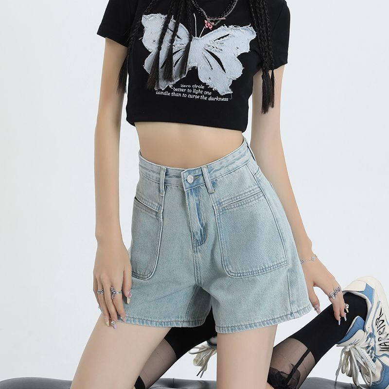 High Waist Washed Denim Shorts