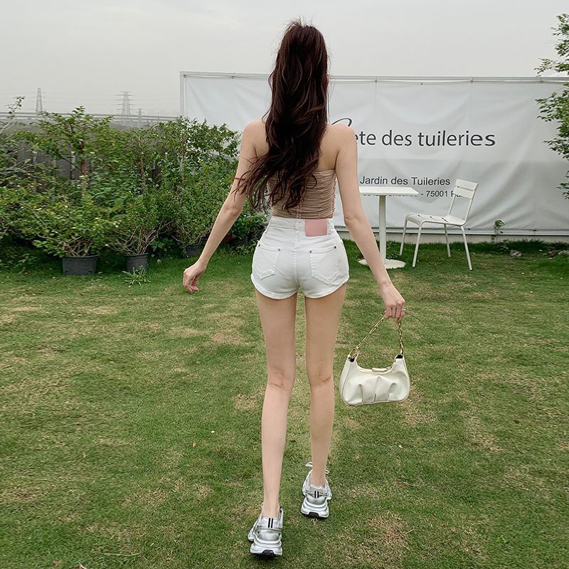 Mid Waist Plain Denim Shorts