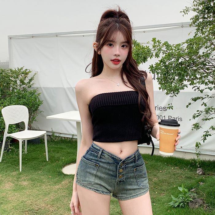 Mid Waist Plain Denim Shorts