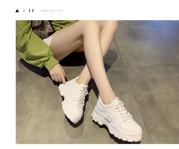 Lace-Up Plain Faux Sneakers Leather Platform