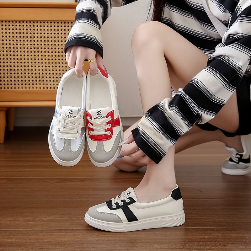 Leather Color Faux Sneakers Block Lace-Up