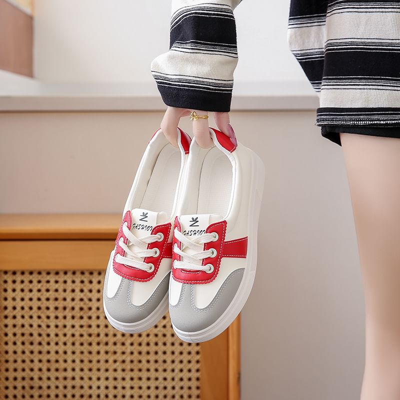 Leather Color Faux Sneakers Block Lace-Up