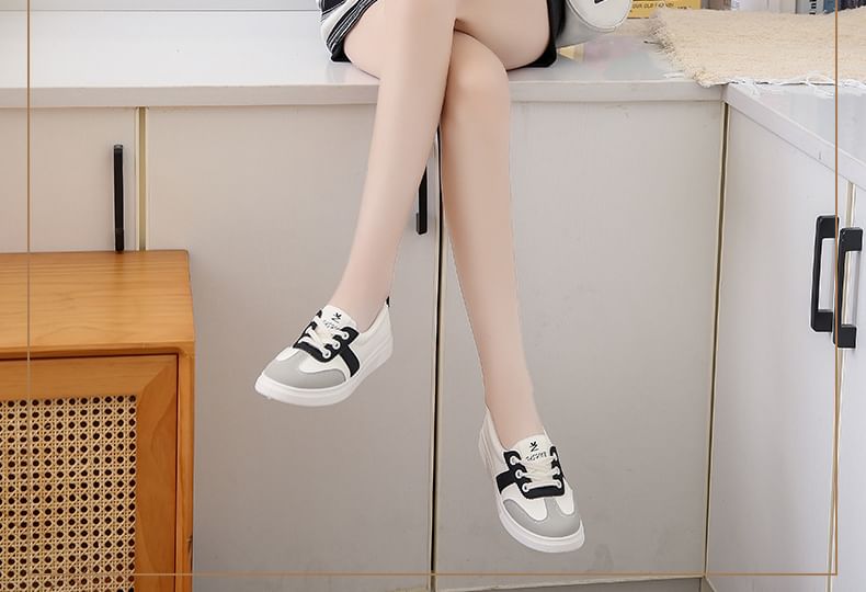 Leather Color Faux Sneakers Block Lace-Up