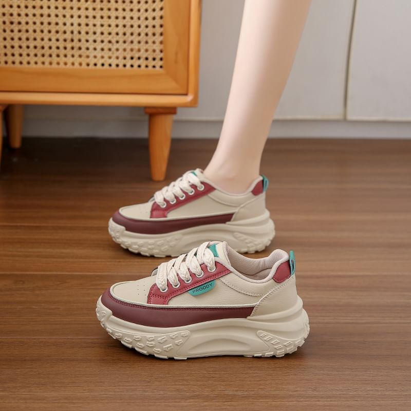 Lace-Up Leather Sneakers Faux Platform