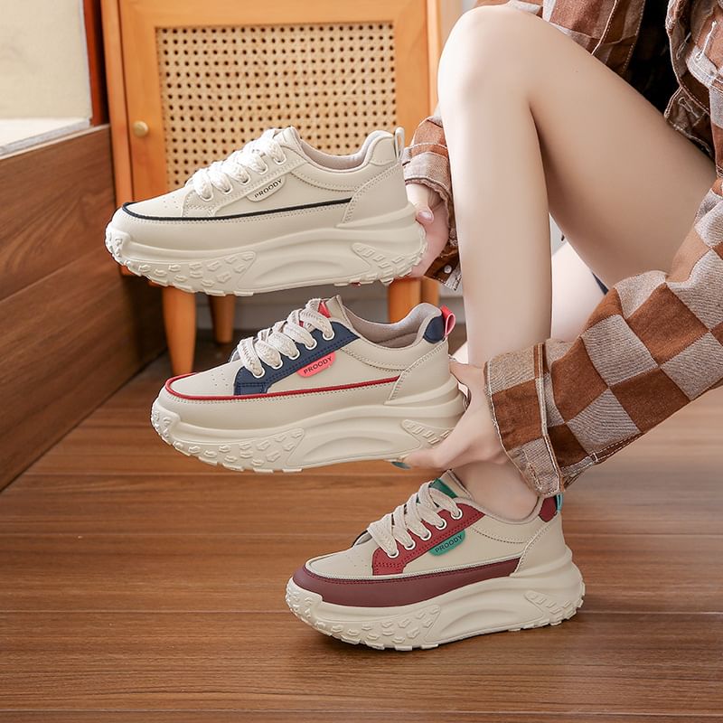 Lace-Up Leather Sneakers Faux Platform
