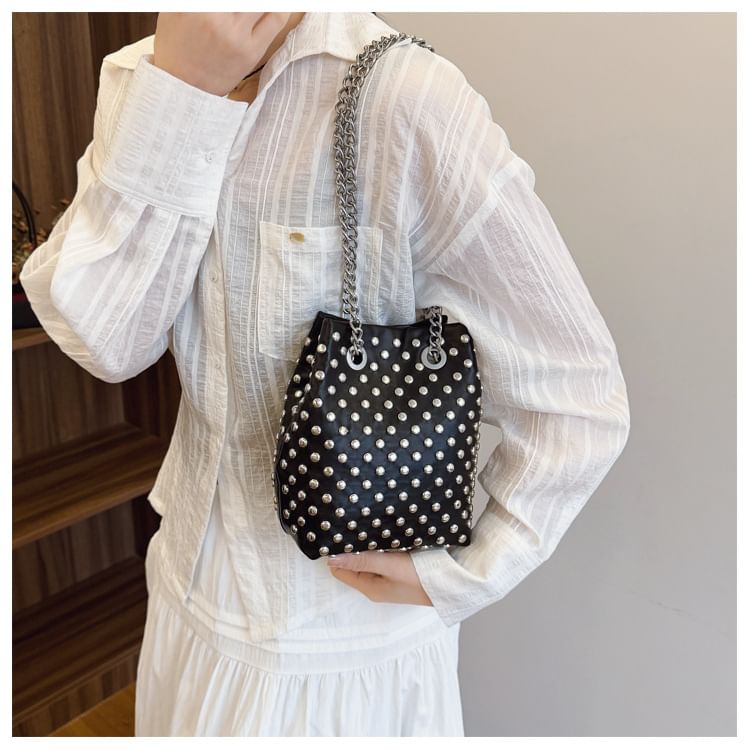 Faux Embroidered / Studded Bag Bucket Leaf Sequin Strap Chain
