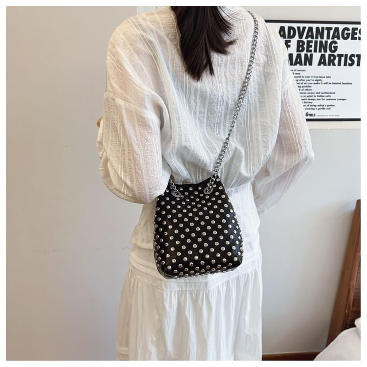 Faux Embroidered / Studded Bag Bucket Leaf Sequin Strap Chain