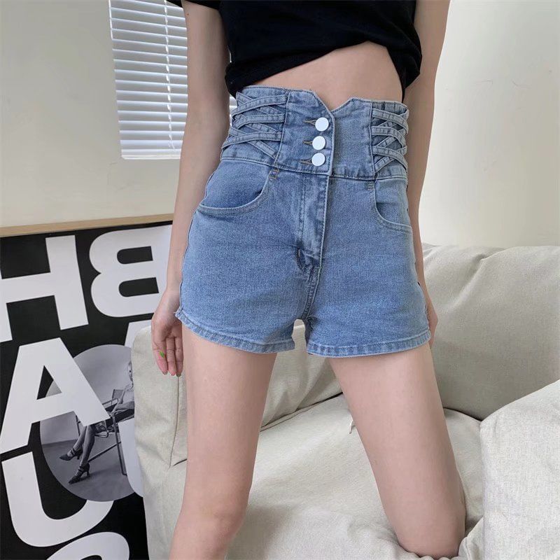 High Waist Washed Denim Lace Up Shorts