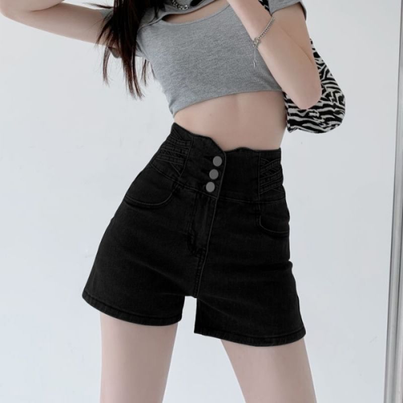 High Waist Washed Denim Lace Up Shorts