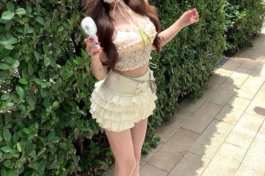 Mini Tiered Crop A-Line Waist Camisole / Skirt Panel Top Elastic Frill Floral Bow Print Plain