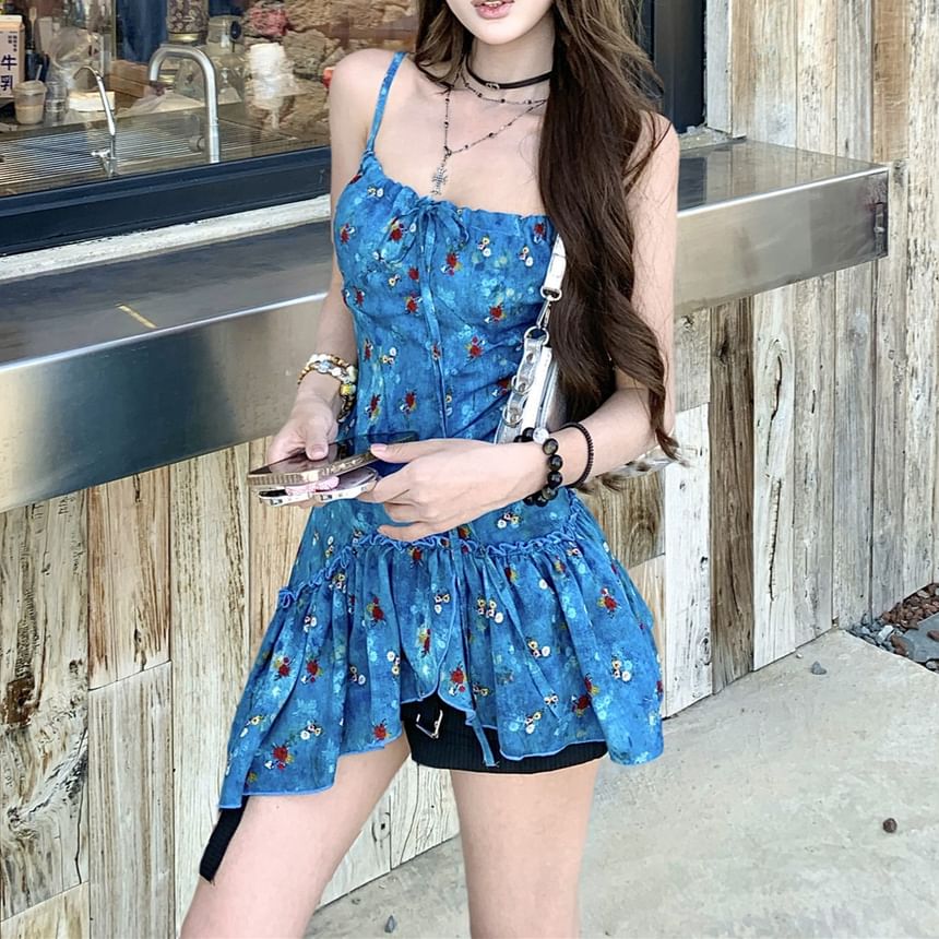 Floral Print Tie-Up Top Asymmetrical Cami