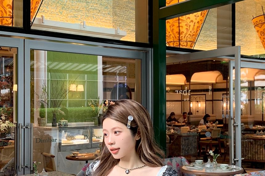 Bow Plaid Neck Shirred Top Short Sleeve Square