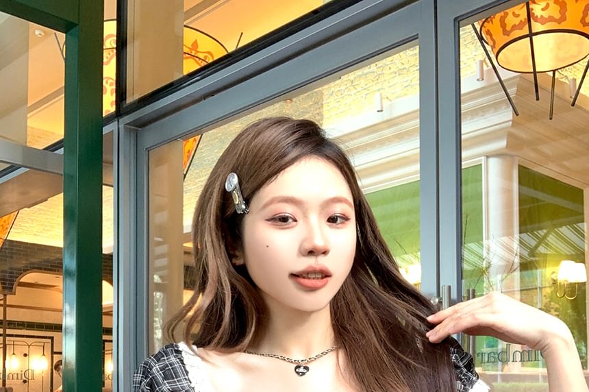 Bow Plaid Neck Shirred Top Short Sleeve Square