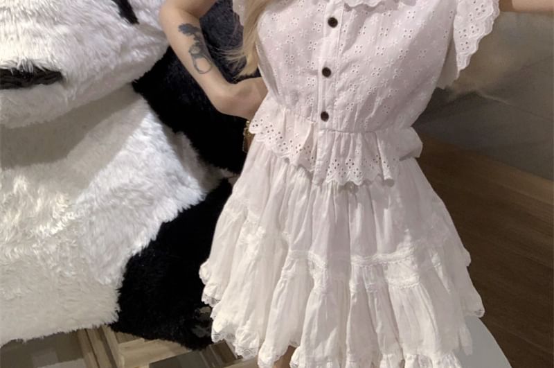 Eyelet Blouse Collared Embroidered Sleeve Cap Ruffle Plain