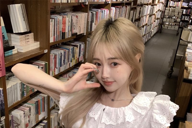 Eyelet Blouse Collared Embroidered Sleeve Cap Ruffle Plain