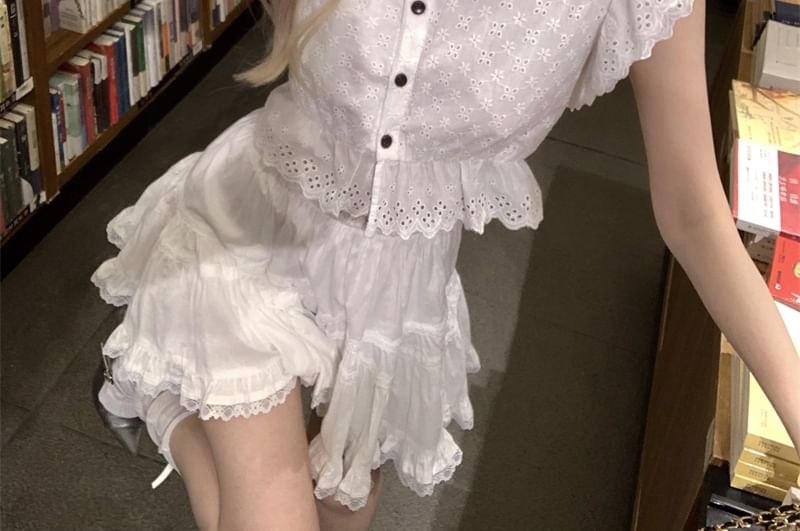 Eyelet Blouse Collared Embroidered Sleeve Cap Ruffle Plain