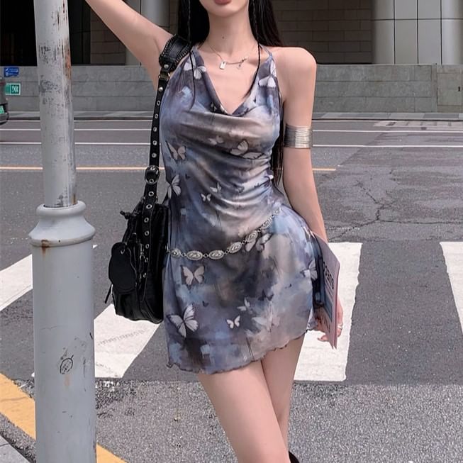 Butterfly Neck Dress Sleeveless A-Line Mini Cowl Print