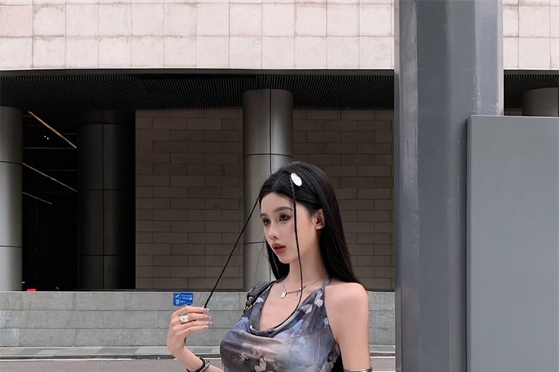 Butterfly Neck Dress Sleeveless A-Line Mini Cowl Print