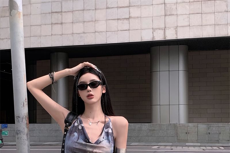 Butterfly Neck Dress Sleeveless A-Line Mini Cowl Print