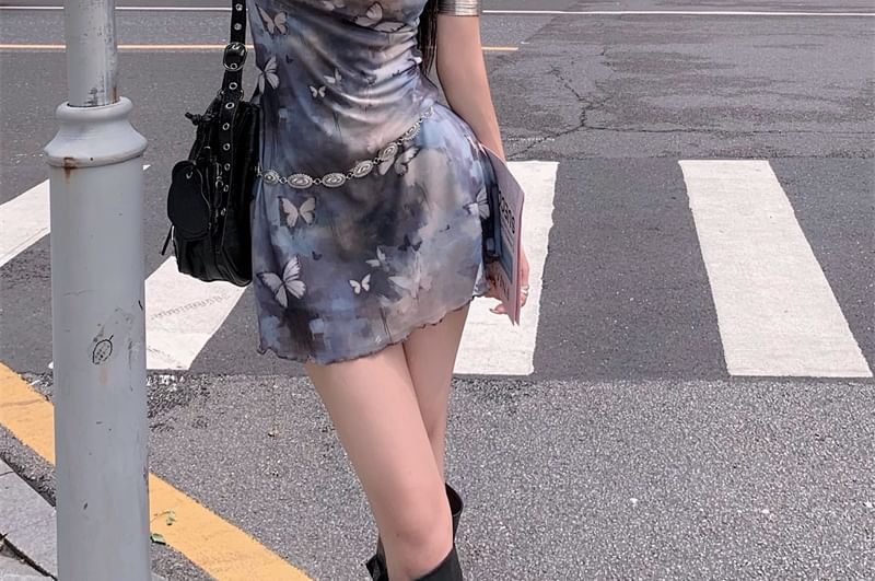 Butterfly Neck Dress Sleeveless A-Line Mini Cowl Print