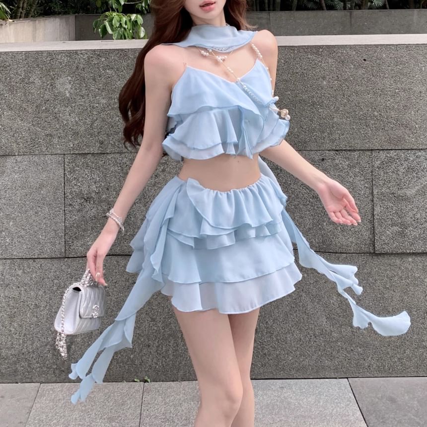 High A-Line / Crop Mini Camisole Ruffle Tiered Waist Plain Top Skirt