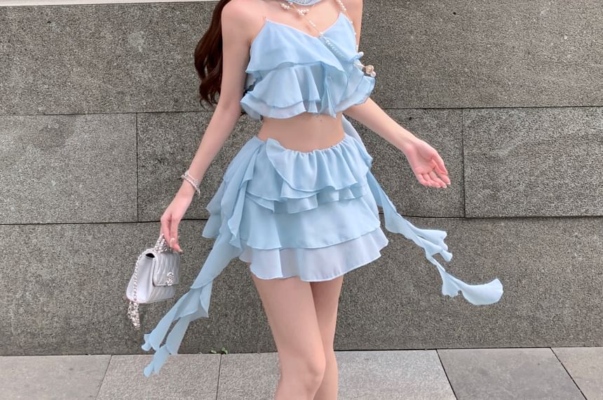 High A-Line / Crop Mini Camisole Ruffle Tiered Waist Plain Top Skirt