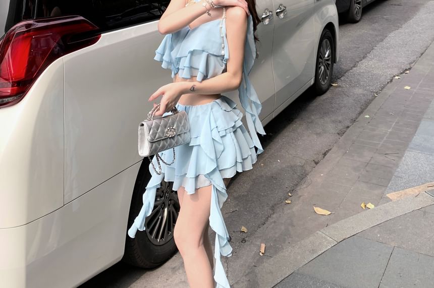 High A-Line / Crop Mini Camisole Ruffle Tiered Waist Plain Top Skirt