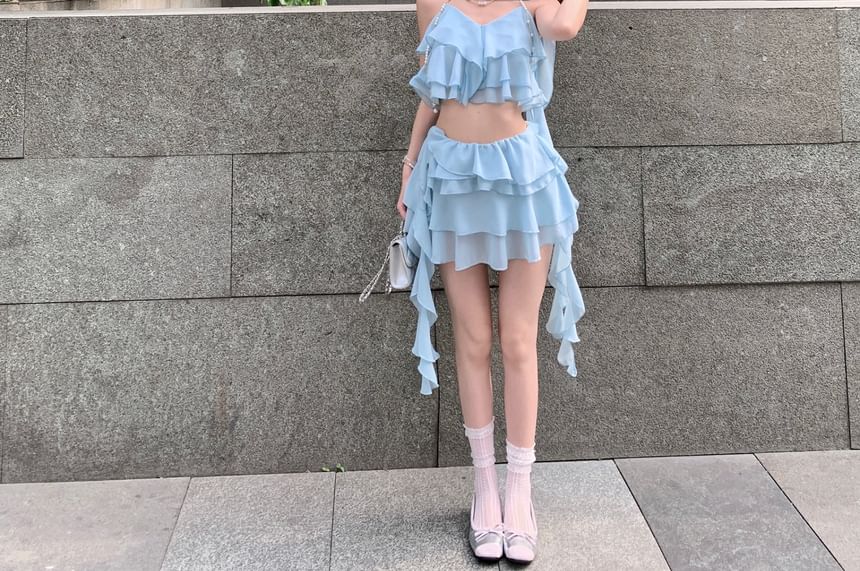 High A-Line / Crop Mini Camisole Ruffle Tiered Waist Plain Top Skirt