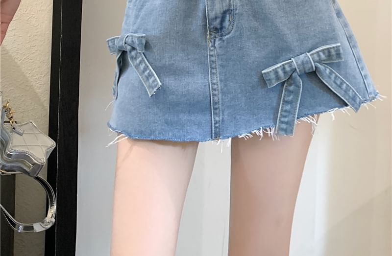 Denim Waist Shorts Fray Bow A-Line Mini High Washed
