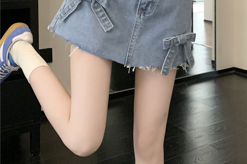 Denim Waist Shorts Fray Bow A-Line Mini High Washed