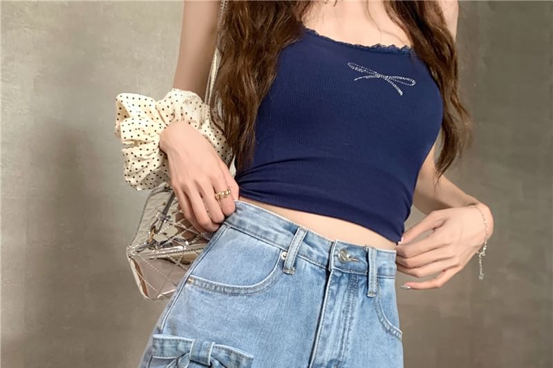 Denim Waist Shorts Fray Bow A-Line Mini High Washed