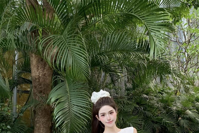 Mini Sleeveless / Drawstring Plain One Skirt Tie-Up Top Waist Shoulder A-Line