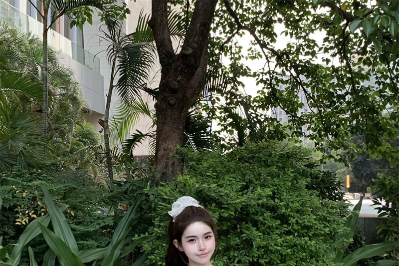 Mini Sleeveless / Drawstring Plain One Skirt Tie-Up Top Waist Shoulder A-Line