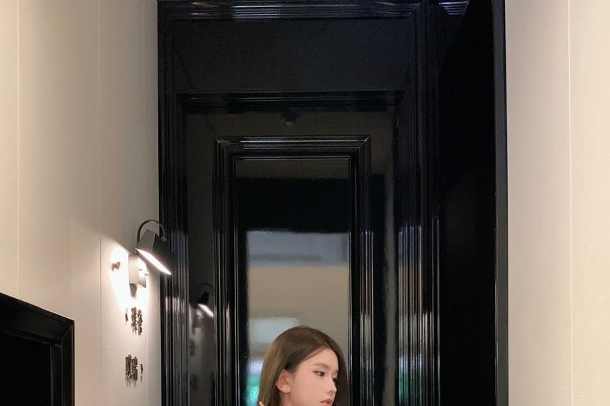 Mini Button Pearl Sleeveless High Pencil Skirt Neck Faux Scoop Set: Beaded Waist Tweed + Top Crop