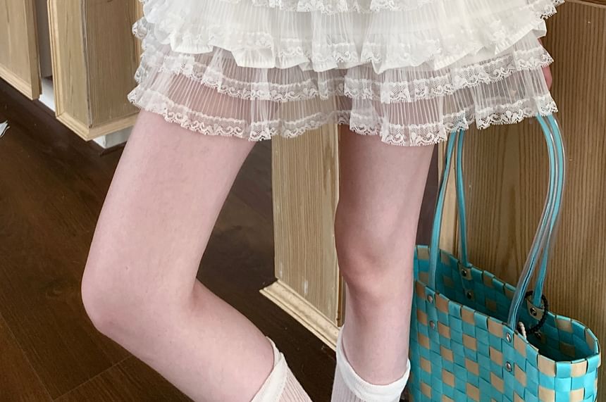 Waist Panel A-Line Mini Skirt Lace High Tiered Plain