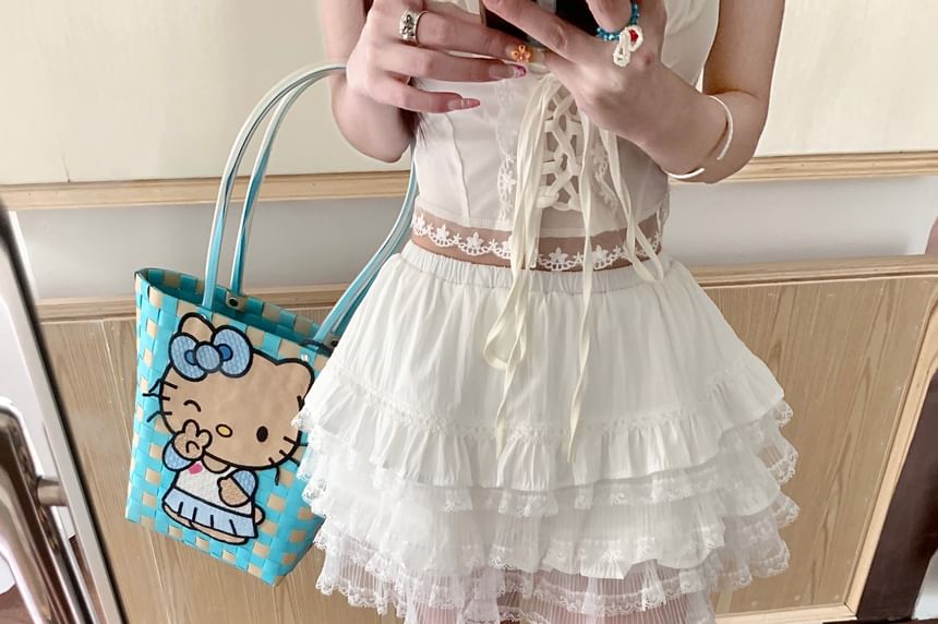 Waist Panel A-Line Mini Skirt Lace High Tiered Plain