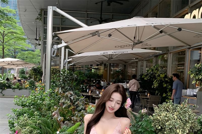 Spaghetti Bow Sheath Strap Print Maxi Floral Ruffle Dress