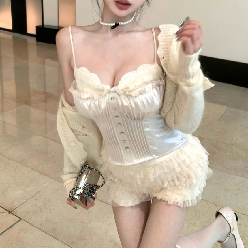 Button Tiered Satin High Panel Lace Pointelle V-Neck Camisole Shorts Plain Mesh Cardigan / Waist Top