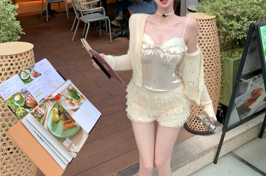 Button Tiered Satin High Panel Lace Pointelle V-Neck Camisole Shorts Plain Mesh Cardigan / Waist Top