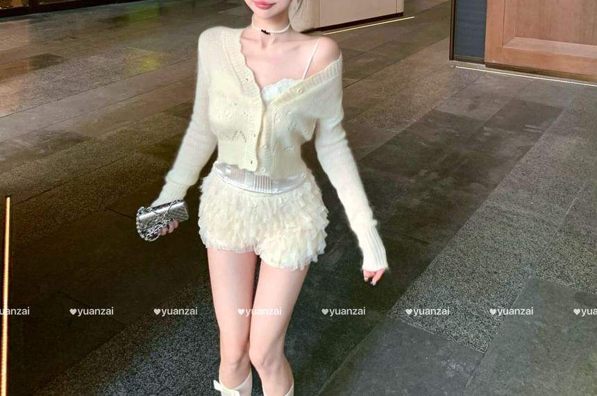 Button Tiered Satin High Panel Lace Pointelle V-Neck Camisole Shorts Plain Mesh Cardigan / Waist Top