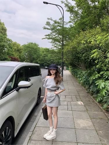 Set: Top Panel Sleeveless Lace High Crop Skirt Cold + Pencil Shoulder Waist Mini