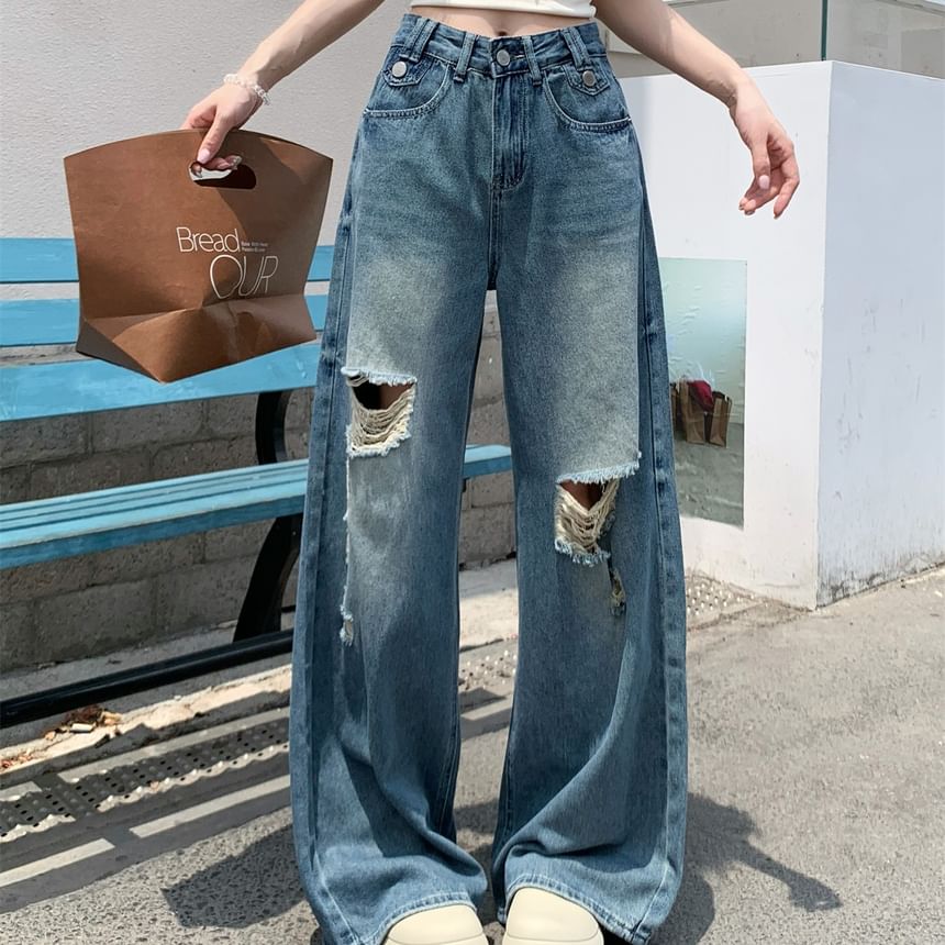 Ripped Washed Wide Mid Jeans Waist Leg