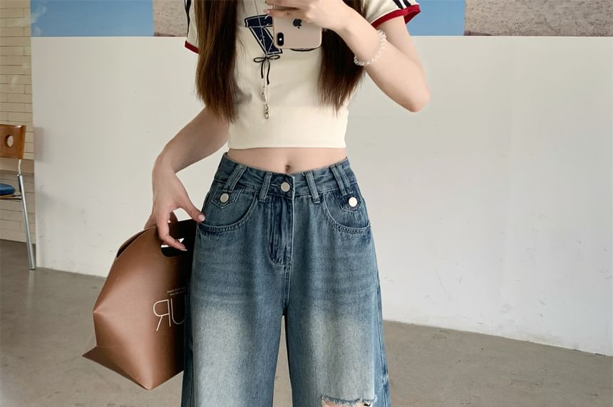 Ripped Washed Wide Mid Jeans Waist Leg