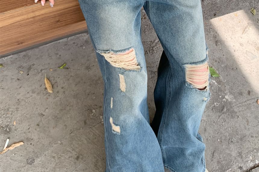 Ripped Washed Wide Mid Jeans Waist Leg