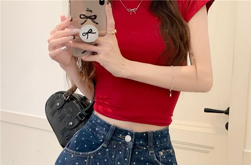 High Fray Dot Skirt A-Line Rise Denim Polka Mini