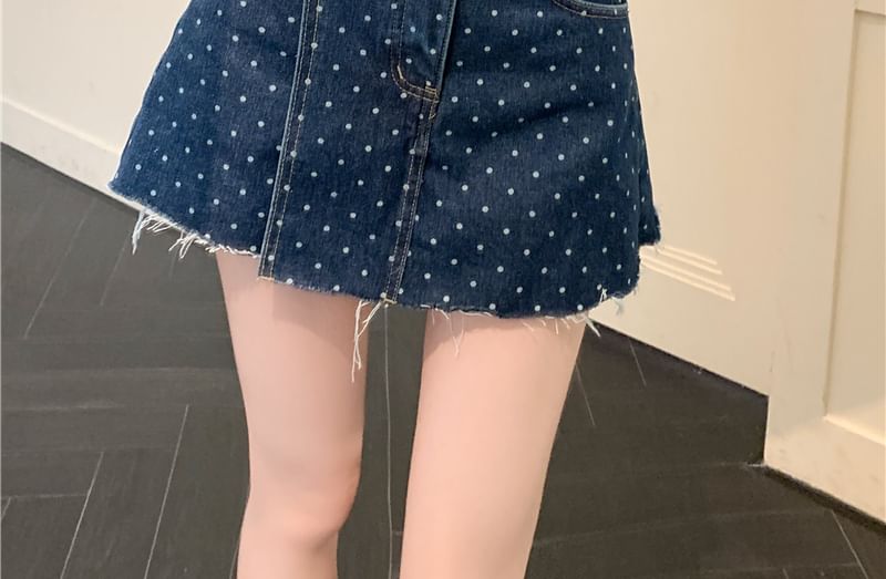 High Fray Dot Skirt A-Line Rise Denim Polka Mini
