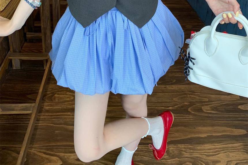 Shoulder Mini Button Top Plain Balloon One Waist / Skirt Sleeveless Drawstring A-Line