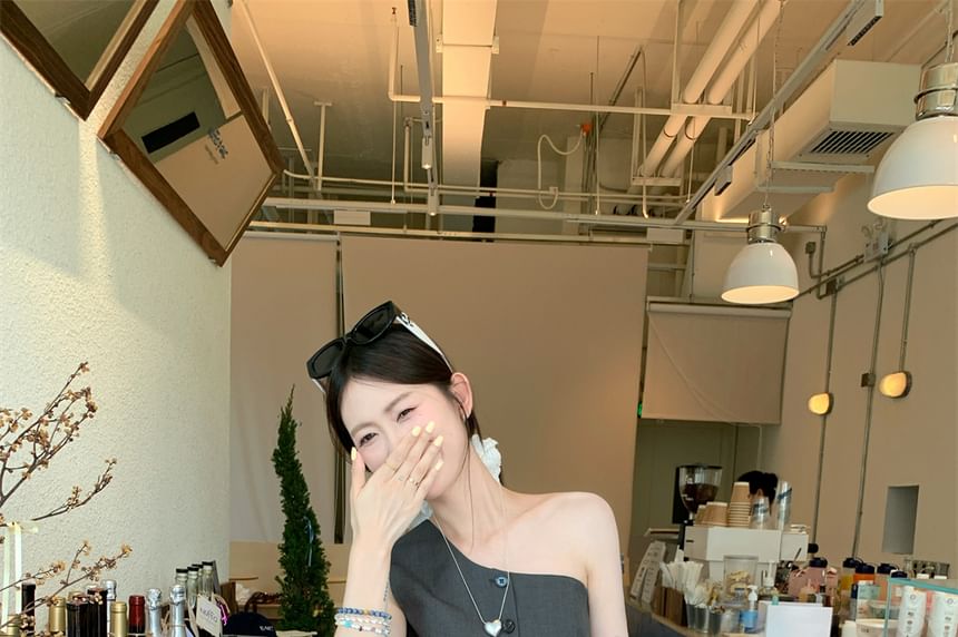 Shoulder Mini Button Top Plain Balloon One Waist / Skirt Sleeveless Drawstring A-Line