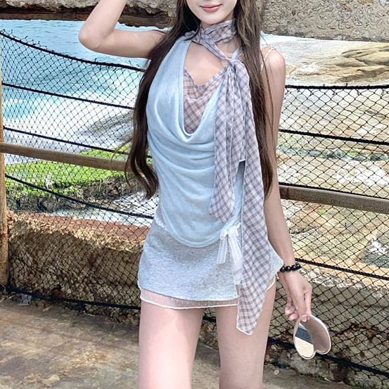 Piece Plaid Cowl Two Top Mock Sleeveless Neck